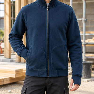Heavyweight Cotton Blend Sweatshirt Jacket with High Collar - Navy