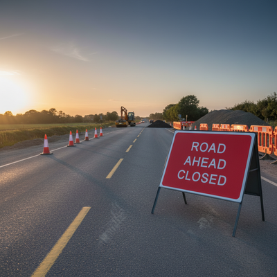 Heavy Duty Road Ahead Closed Metal Sign - 1050mm x 750mm