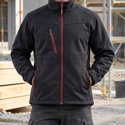 Softshell Work Jacket with Fleece Collar - Black/Red