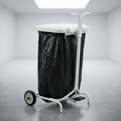 Mobile pedal operated sack holder with self-closing lid