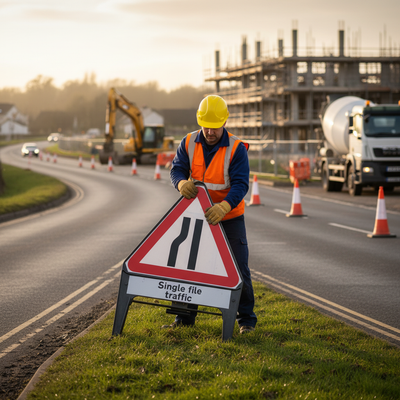 Premium Road Narrows Left with Single File Traffic Supplementary Provision Sign 750mm