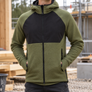 Full-Zip Thermal Midlayer Hoodie, Windproof Panels - Khaki Green/Black