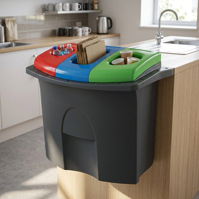 87 Litre triple compartment recycling bin with colour-coded lids