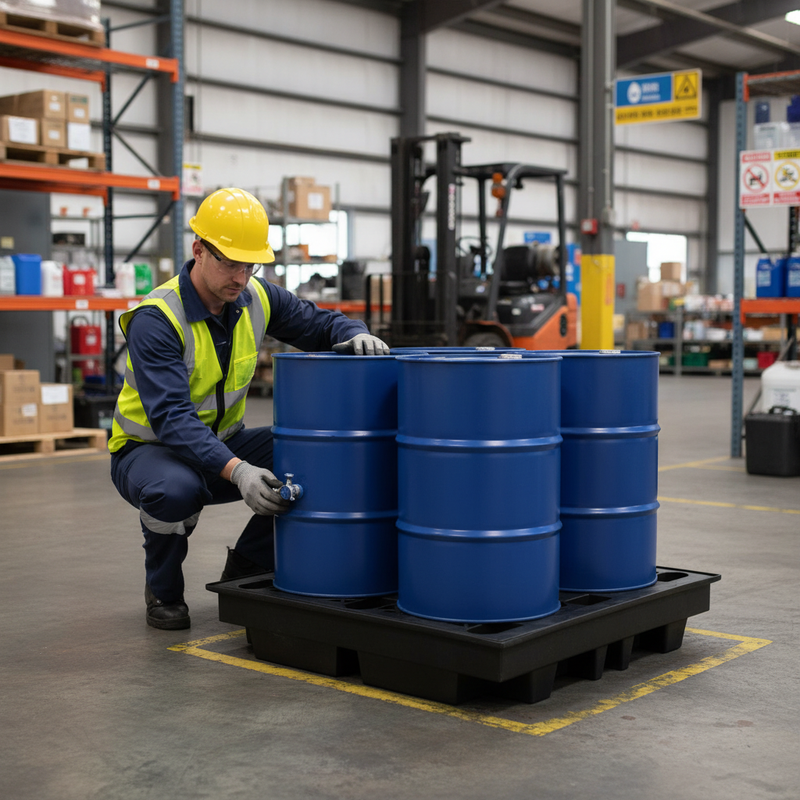 Dark Slate Gray Low Profile Heavy Duty 4 Drum Spill Pallet for Industrial Use