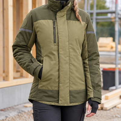 Women's Insulated Work Jacket with Fleece Collar - Khaki Green