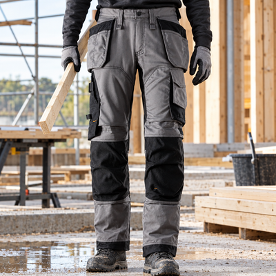 Grey/Black Loose Fit Flexible Work Trousers with Tool Storage