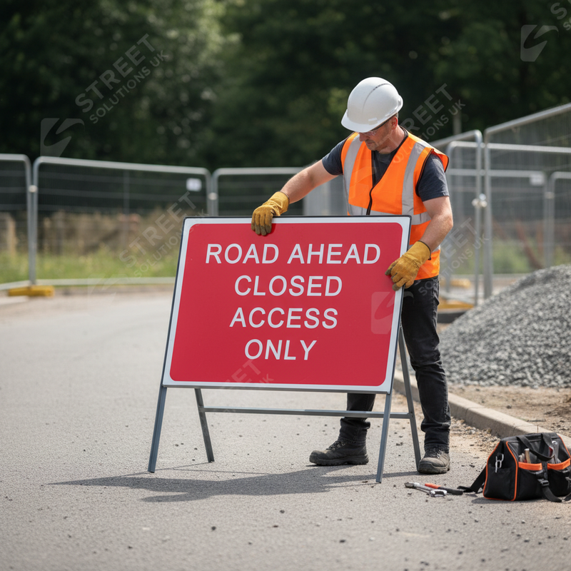 Dark Gray Heavy Duty Road Ahead Closed Access Only Metal Sign - 1050mm x 750mm