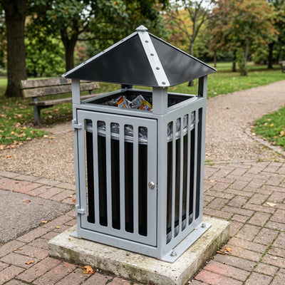 107 litre steel park litter bin with lid and security lock