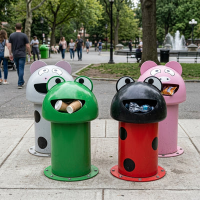 Set of 4 Polyethylene Themed Litter Bins, Compact Design