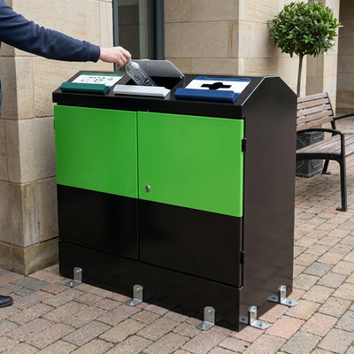 300 litre steel recycling bin with hinged lid and ground fixings