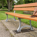 Outdoor cast steel and oak bench with stainless steel support