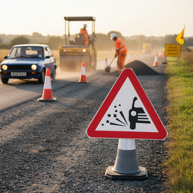 Dim Gray Loose Chippings on Road Ahead 750mm Triangle Cone Sign - Heavy Duty