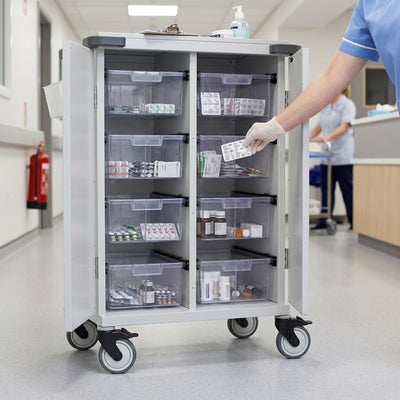Double-door medicine dispensing trolley, 32 compartments, 125mm castors