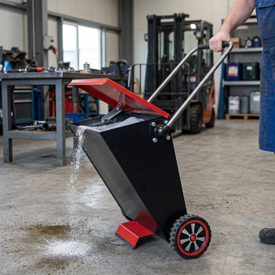 Powdered Absorbent Dispensing Cart with Adjustable Handle