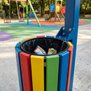 Circular oak slatted litter bin, 35 litre capacity for playgrounds