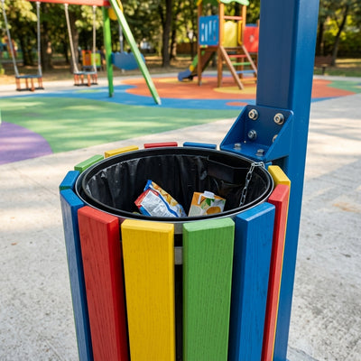 Circular oak slatted litter bin, 35 litre capacity for playgrounds