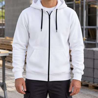 Full Zip Work Hoodie with Kangaroo Pocket - White
