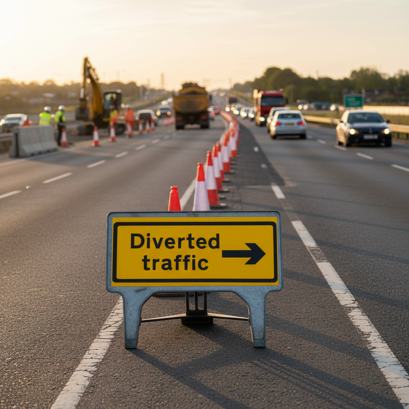 Dim Gray Diverted Traffic Right Heavy Duty Road Sign 1050x450mm