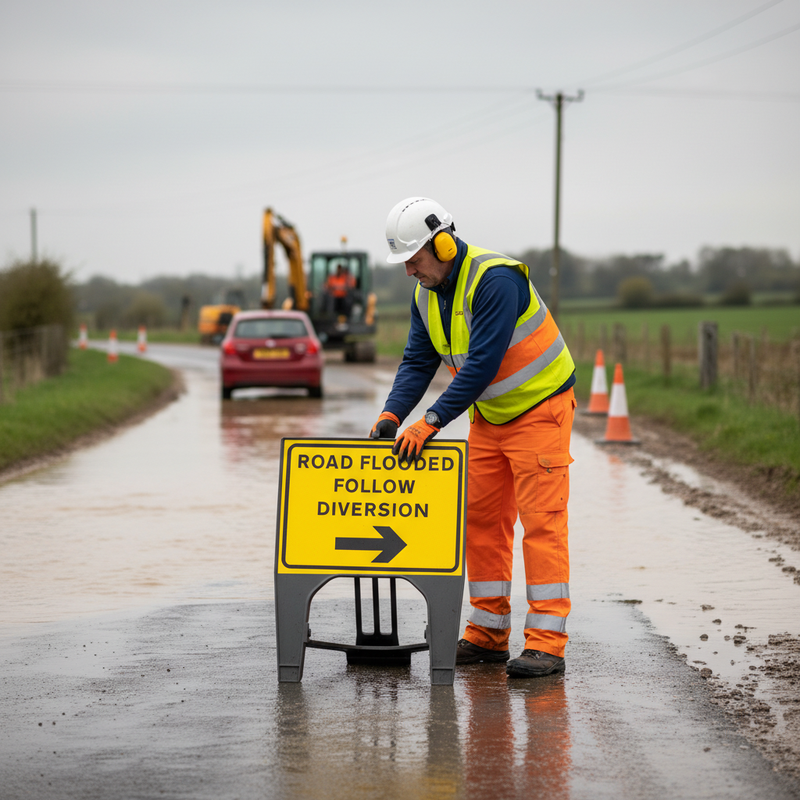 Gray Premium Road Flooded Follow Diversion Arrow Right Sign 600 x 450mm