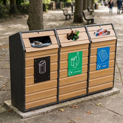 Timber-fronted triple recycling bin, 294 litres, composite & oak