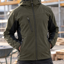 Windproof Hooded Softshell Coat - Dark Olive Green/Black (view 2)