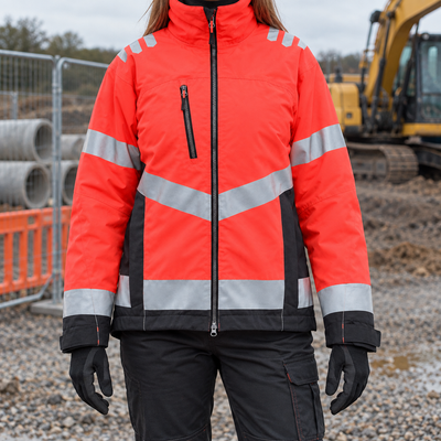 Women's Hi-Vis Insulated Winter Coat - Red Hi-Vis/Black