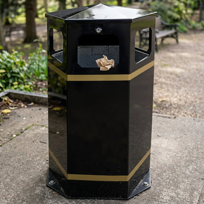 100 Litre hexagonal steel litter bin with five apertures