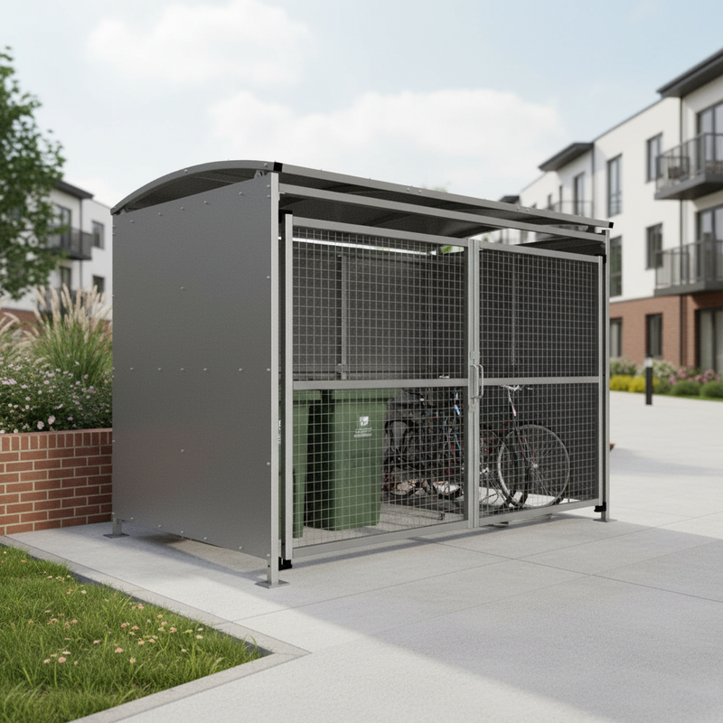 Light Gray Heavy Duty Bin/Cycle Shelter Galvanised Clad with Mesh Gates 1m - 5m