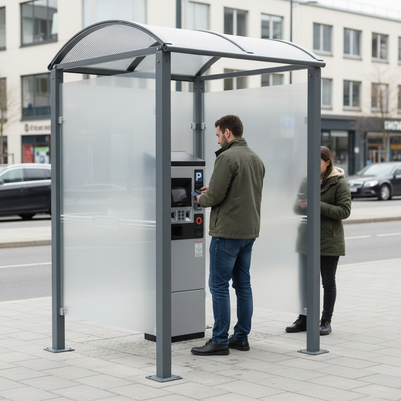 Light Gray Premium Pay Point Shelter with Galvanised Steel and Toughened Glass