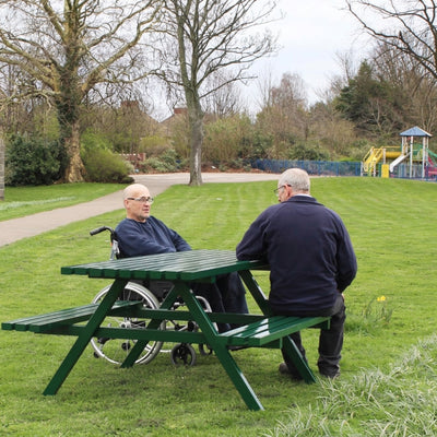 Steel wheelchair-friendly picnic table with extended top