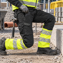 Hi-Vis Stretch Work Trousers, Kneepad Pockets - Black/Hi-Vis Yellow