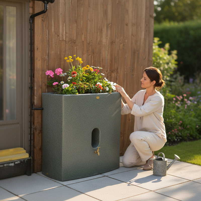 Dim Gray Premium 375 Litre Water Butt with Double Planter for Garden Use