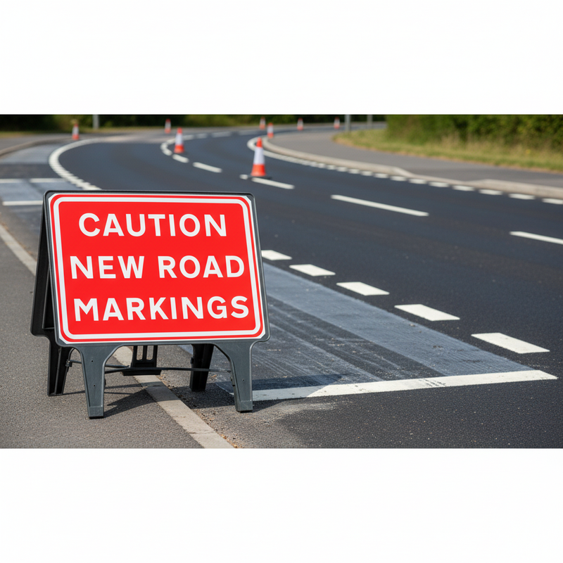 Dark Slate Gray Caution New Road Markings Sign - Heavy Duty Safety Indicator 1050x750mm