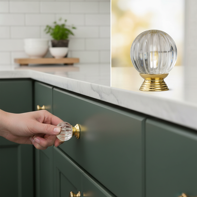 Premium Fluted Glass Cabinet Knobs - 10 Pack, 32mm Decorative Drawer Pulls with Durable Metal Base for Timeless Elegance
