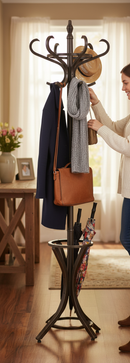 Rosy Brown Premium Wooden Coat Stand and Umbrella Holder with Rotating Top Tier in Walnut Effect for Stylish Storage