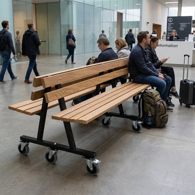 Iroko hardwood slatted bench with backrest, 5-seat