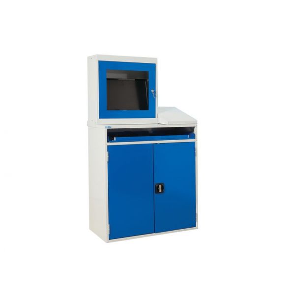 Dark Cyan Double Door Computer Workstation With Monitor Holder