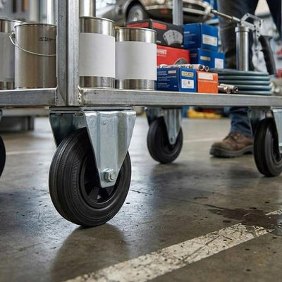 80mm Pressed Steel Fixed Castor with Black Rubber on Polypropylene Wheel - 60kg Load Capacity