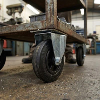 100mm Pressed Steel Fixed Castor with Black Rubber on Polypropylene Wheel - 75kg Load Capacity