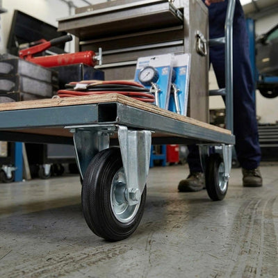 125mm Pressed Steel Fixed Castor Wheel - Black Rubber on Pressed Steel - 110kg Load Capacity