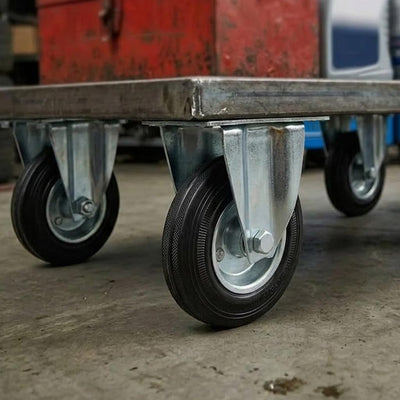 100mm Pressed Steel Fixed Castor Wheel - Black Rubber on Pressed Steel - 75kg Load Capacity