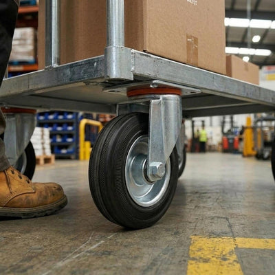 150mm Pressed Steel Swivel Castor Wheel - Black Rubber & 4-Hole Plate - 130kg Load Capacity