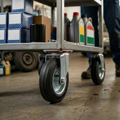 125mm Pressed Steel Swivel Castor Wheel - Black Rubber & 4-Hole Plate - 110kg Load Capacity
