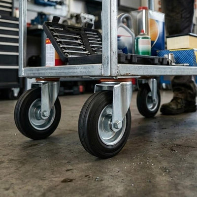 100mm Pressed Steel Swivel Castor Wheel - Black Rubber & 4-Hole Plate - 75kg Load Capacity